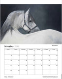 November 2022 calendar image of equine art piece by Tony O'Connor entitled Misneach featuring a grey horse