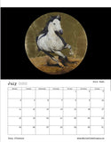 July 2022 calendar image of equine art piece by Tony O'Connor entitled Gold Rush featuring a grey horse on a circular gold background